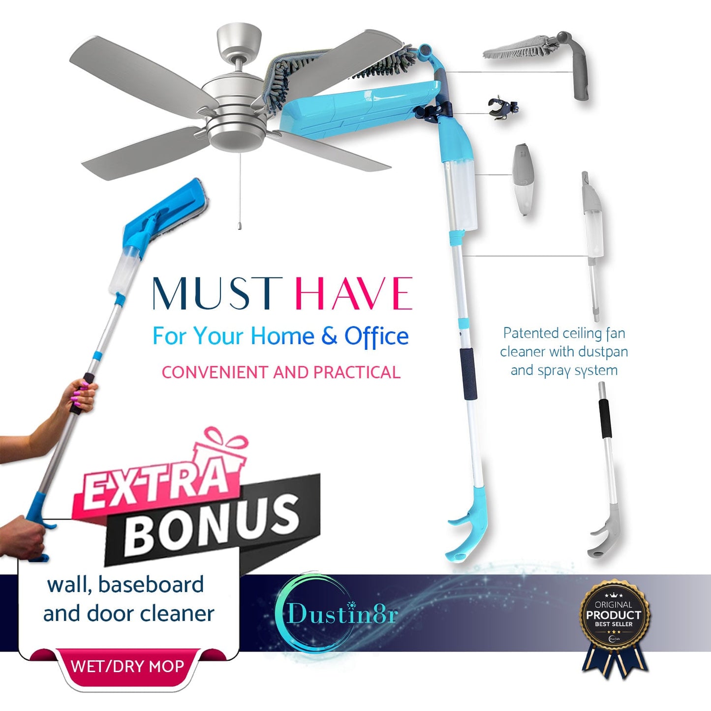 Patented Ceiling Fan Cleaner with Detachable Dustpan and Upward Spray System. Wet/ Dry Mop, Duster. FREE SHIPPING! Click for more info!